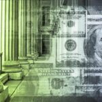concept stock photo: pillars of the halls of justice blended with money.