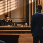This image features a man in a courtroom standing before a judge.