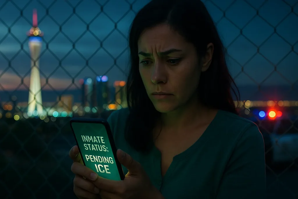 Worried mother checks ICE hold status on her phone as Las Vegas skyline glows at twilight behind a chain-link fence.