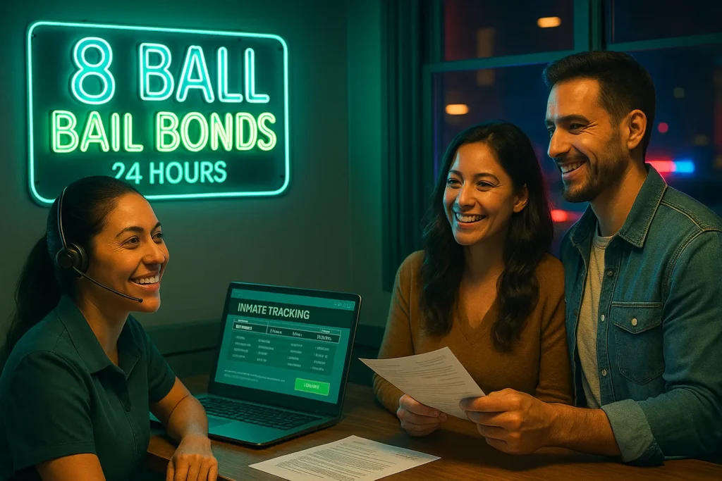 Smiling bail agent reassures cheerful couple inside neon-lit 8 Ball Bail Bonds office at 2 a.m.