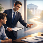 Bail bond process guidance with a lawyer assisting a client in a professional office setting.