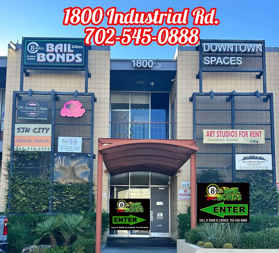 8-Ball Bail Bonds office at 1800 S Industrial Rd, Suite 108-D, Las Vegas: the building front with the 702-545-0888 sign